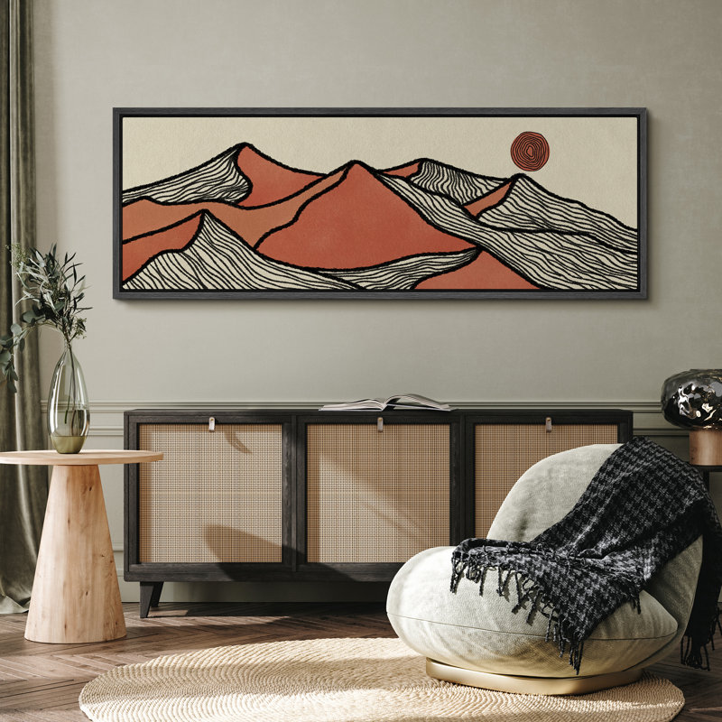 Soleil et lune stylisés, montagnes, paysage, soleil rouge, H 20 po x l 60 po, Noir, noir, noir, noir