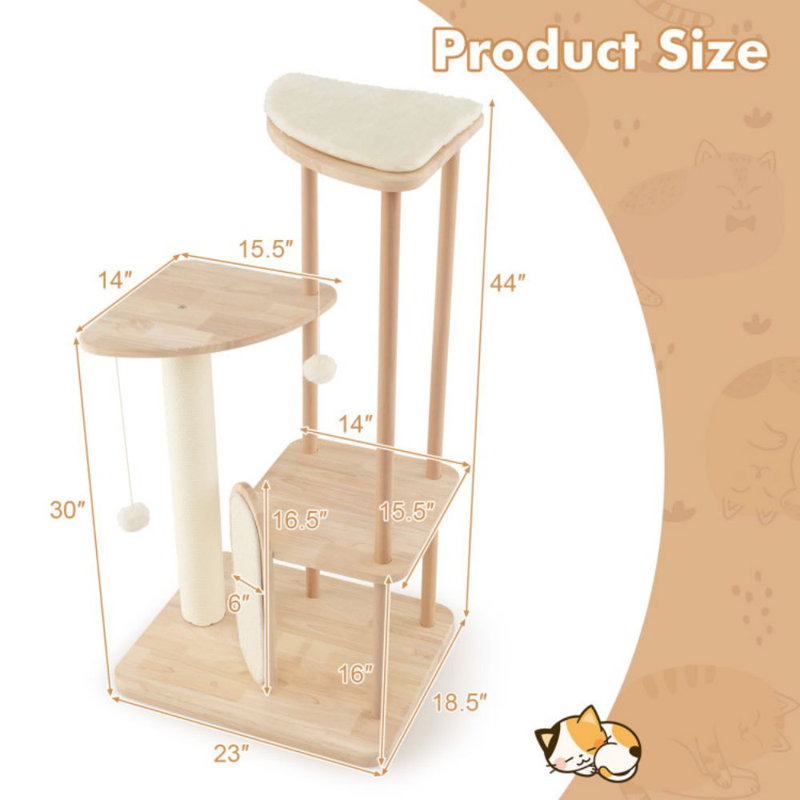 44-Inch Beige Wooden Multi-Level Cat Tower with Sisal Scratching Post