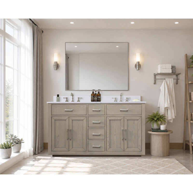 Arrthor 60'' Freestanding Double Bathroom Vanity with Engineered Stone Top, Antique Gray Oak, Soft Carrara White, 60"