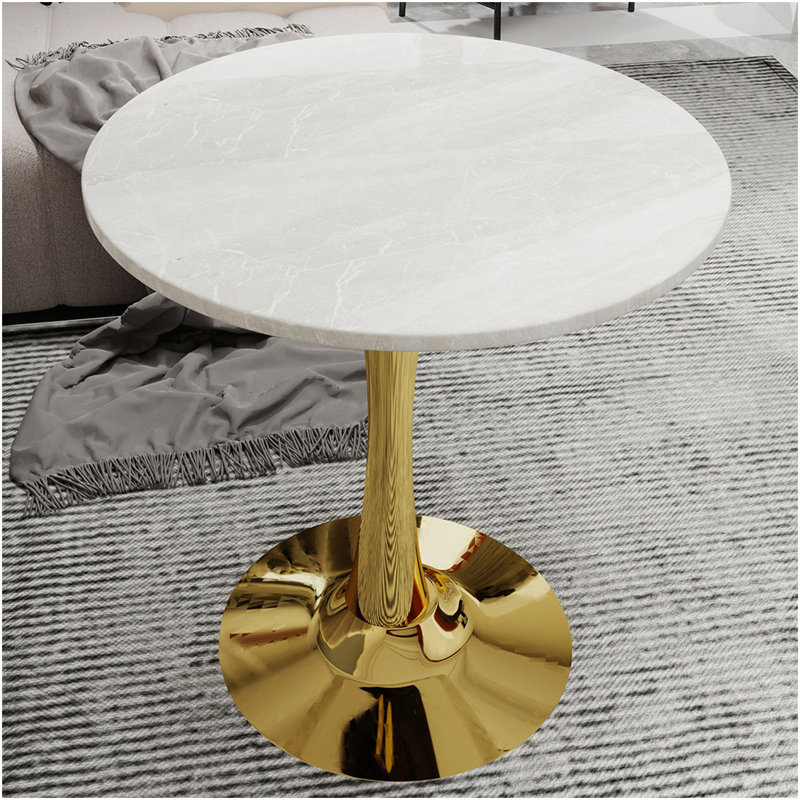 Marble-Top Round Side Table With Tapered Pedestal Base, Ideal For Living Room, Modern Minimalist Design, Light Gray, Gold