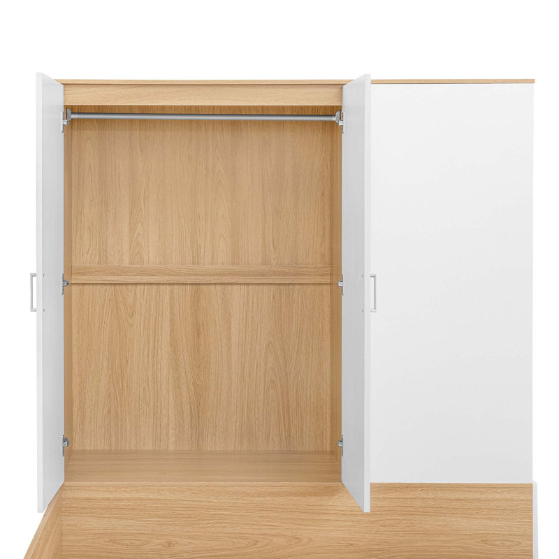 Lit plateforme double en bois avec 6 tiroirs, tablettes, bureau et garde-robe, Naturel