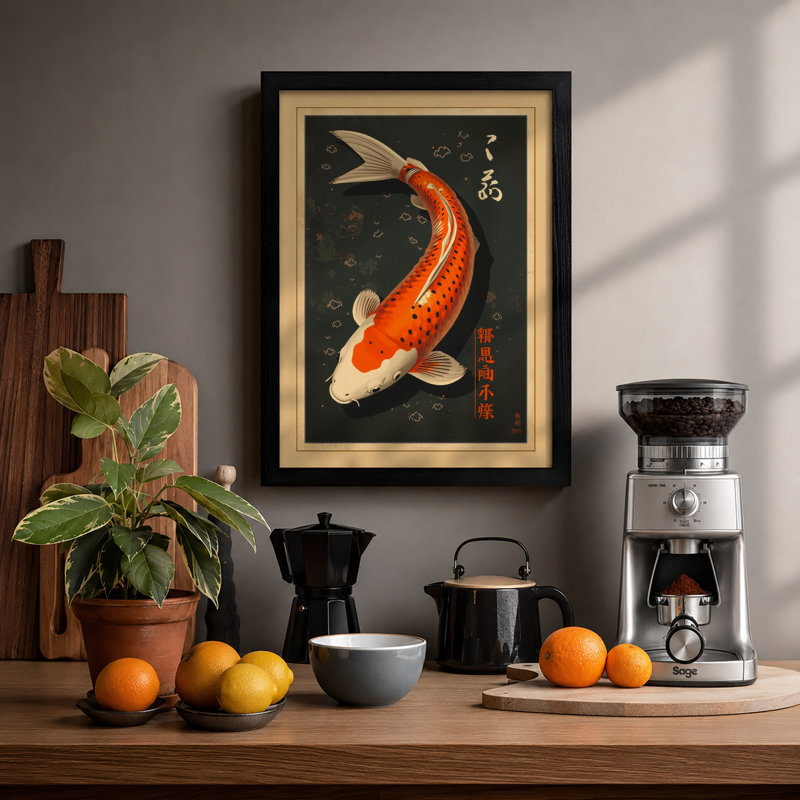 Koi Under Stars Japandi - Framed Print, Black, A3 - 42.0 x 29.7 cm