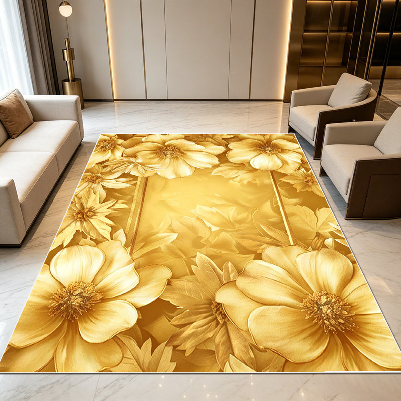 1PC Gold Embossed Floral Frame area rugs for Living Room, Soft and Comfortable, Suitable for all seasons, easy-to-maintain, machine washable Indoor floor mat, Under Table Farmhouse suitable for dining room, bedroom, kitchen, entryway, patio, home
