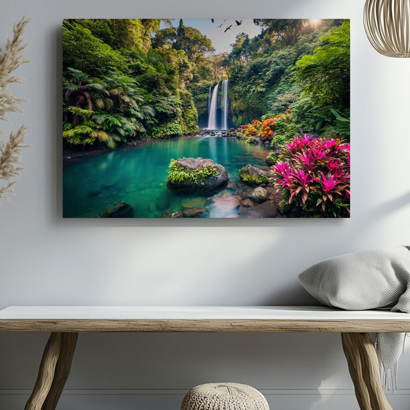 Toile «A Vibrant Tropical Rainforest Scene mettant en vedette une cascade d'eau encadrée» par Lush Greenery And Colorful Flora