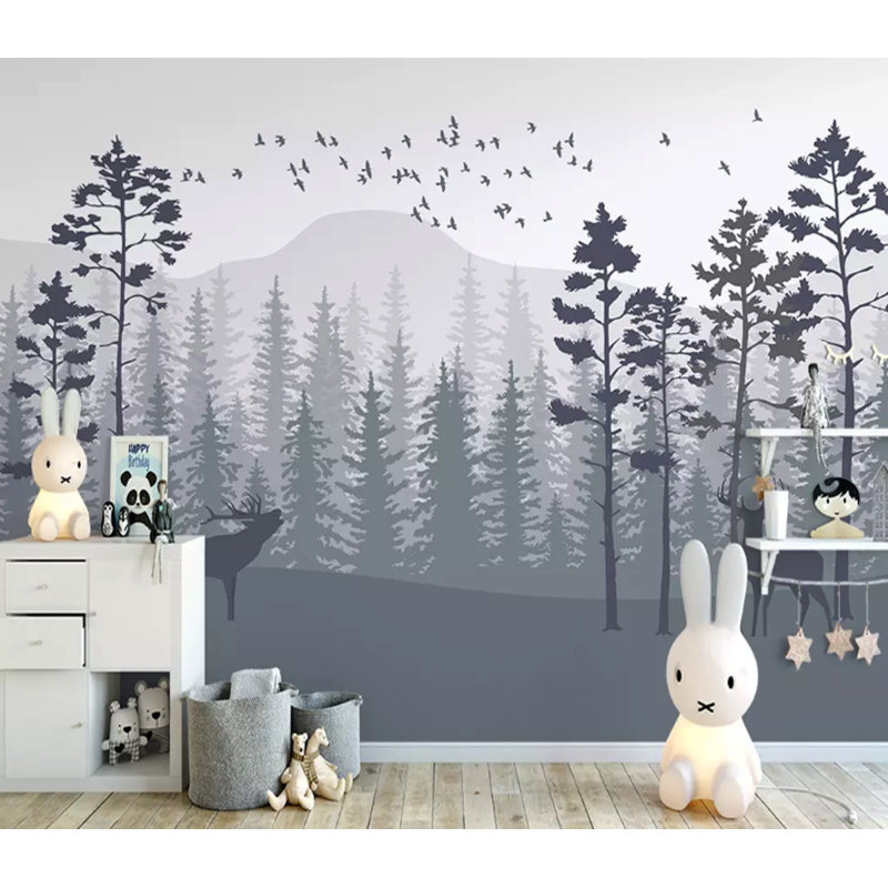 Papier peint monochrome avec paysage de montagne brumeux, L 35,04 po x l 55 po