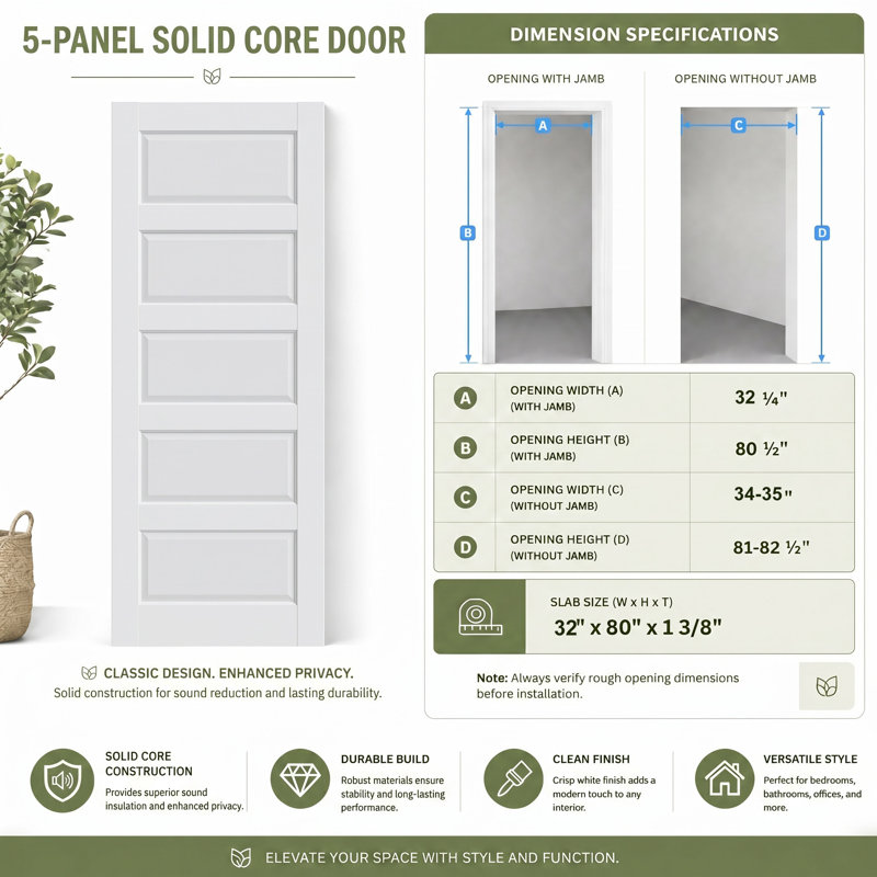 Dalle de porte intérieure à 5 panneaux ZHOWI 32 po x 80 po, porte en bois aggloméré à noyau blanc apprêté, quincaillerie non incluse