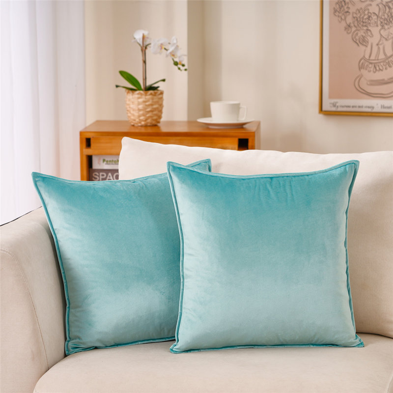 Housse de coussin carré en velours à bride, Bleu sarcelle clair, H 20 po x l 20 po
