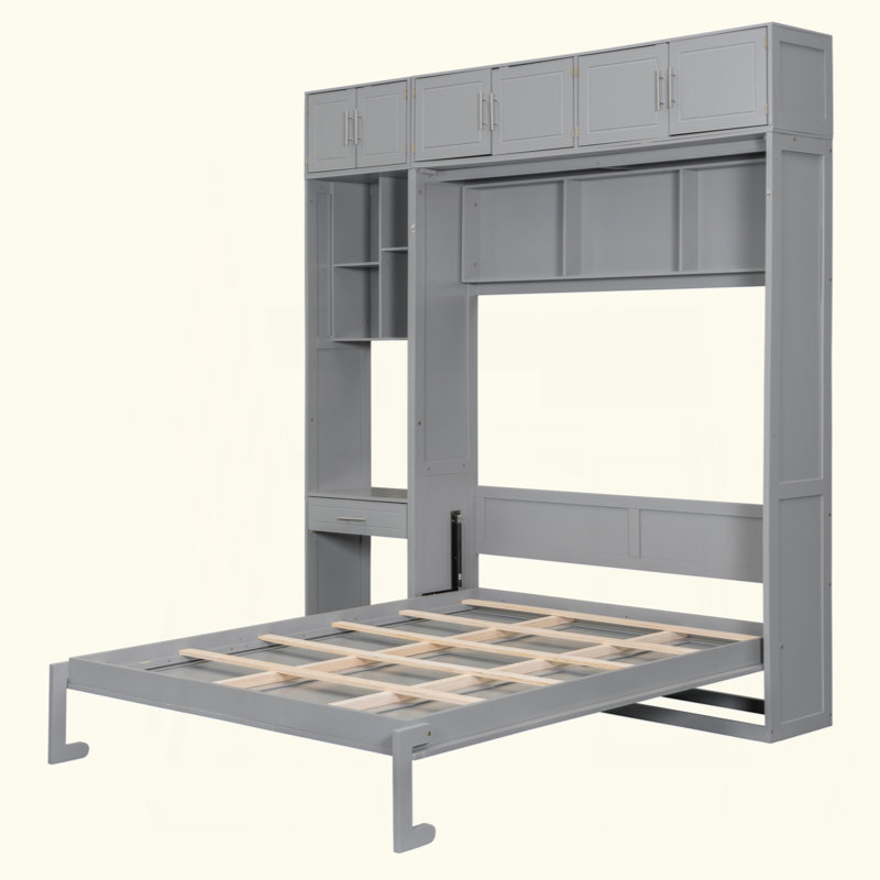 Lit escamotable mural avec bureau, armoire supérieure et tablettes de rangement, lit pliable peu encombrant, Grand lit, Gris