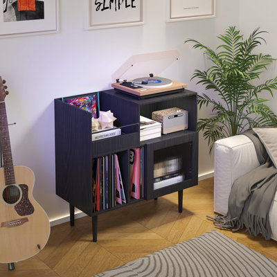 Black Vinyl Record Storage Stand With Dustproof Acrylic Door, Large Turntable Shelf & Multi-Compartment Record Player Cabinet For Living Room Bedroom Office