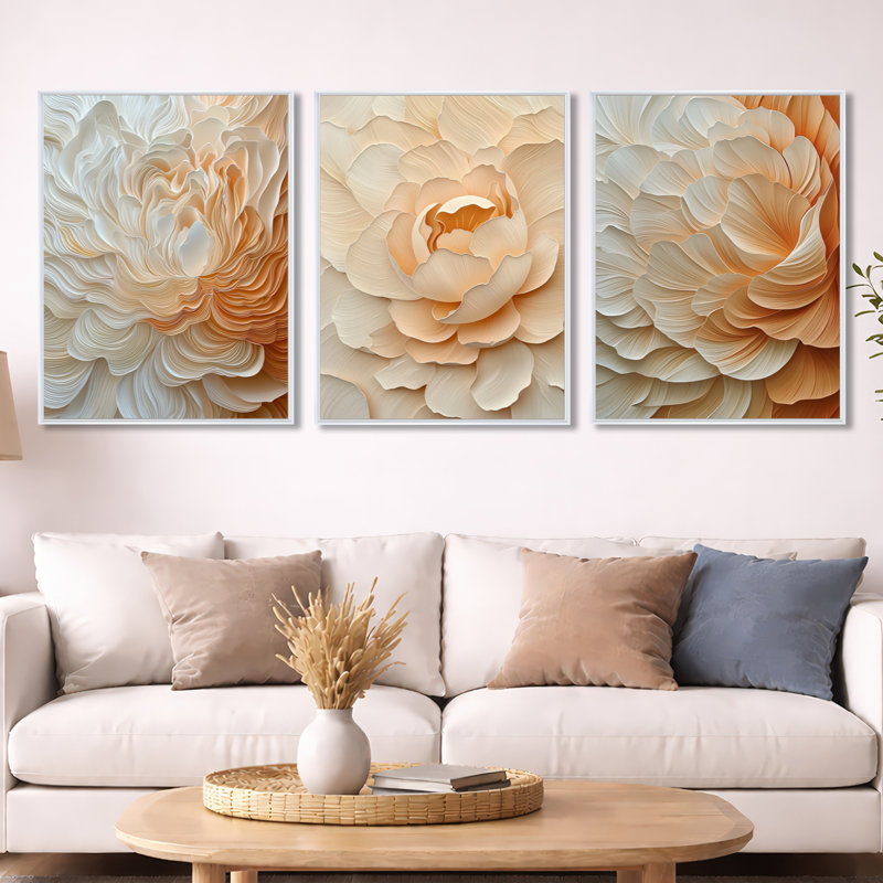 Blush of Dawn - pivoine beige - décoration murale encadrée de pivoines 3 pièces, 32" H x 72" W, White Floater Framed