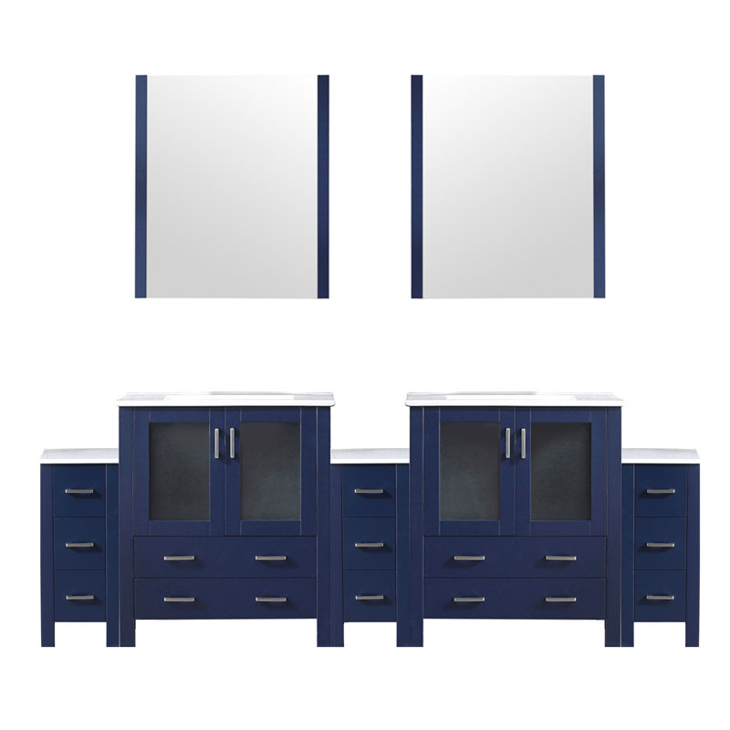 Navy Blue, Double Bath Vanity, Side Cabinets, White Ceramic Top, 28 Mirrors, Soft - Closing Mechanism, Ample Drawer Space Blue Wide Vanity With Drawers, Storage