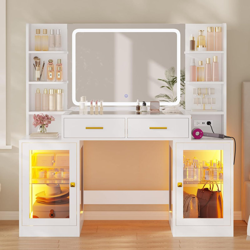 Makeup Vanity With Mirror & Lights, Rgb Cabinets, Vanity Desk With 2 Glass Top Drawers & Power Outlet, For Teen , White