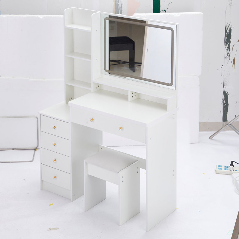 41" Large Left Bedside Cabinet Vanity Table+Cushioned Stool, Extra Large Touch Control LED Mirror, White