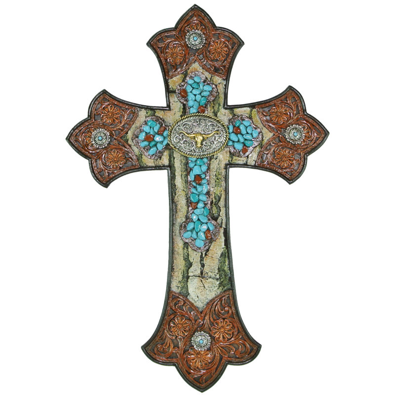 Polyresin Tooled Leather and Longhorn Concho Turquoise Accent Hanging Wall Cross Decor