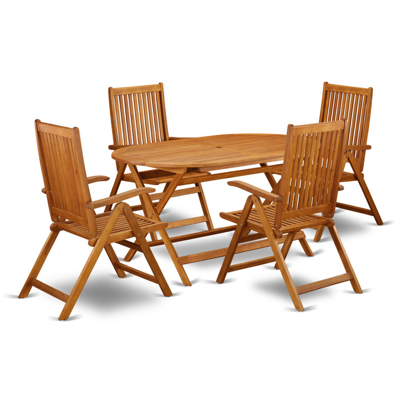 5 Piece Patio Bistro Dining Furniture Set Includes an Oval Outdoor Acacia Wood Table and 4 Folding Adjustable Arm Chairs, 36x60 Inch, Natural Oil