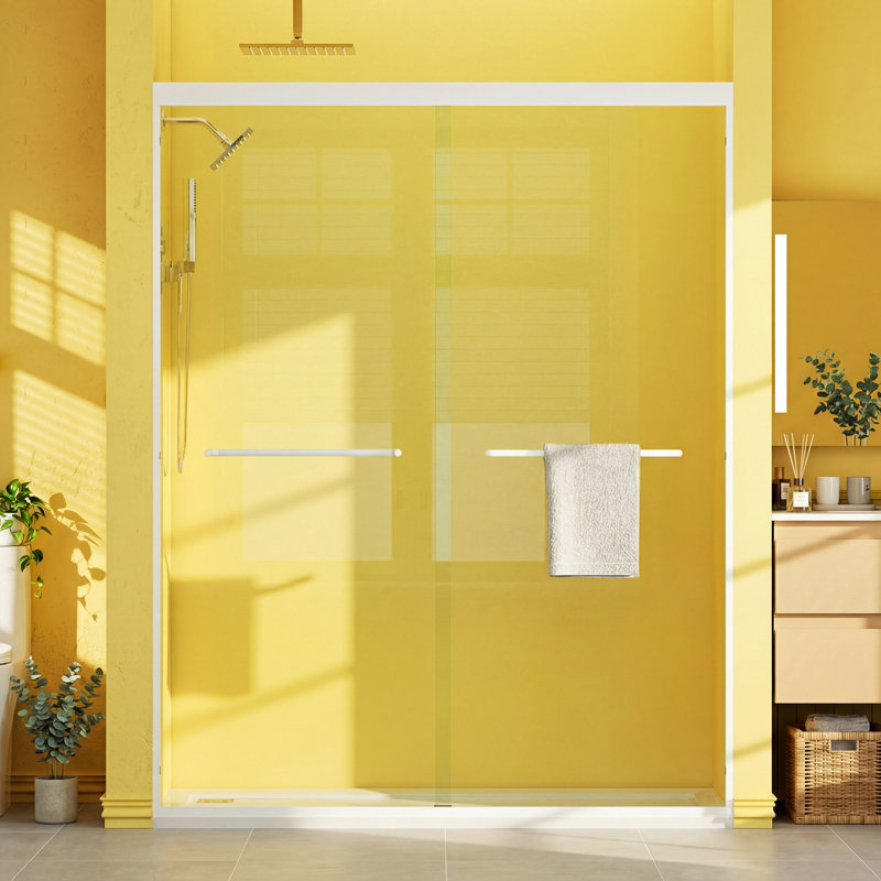 56"-60" W x 72" H Semi-Frameless Double Sliding Shower Door with 1/4" Tempered Glass,Bypass Design for Walk-in Showers, White