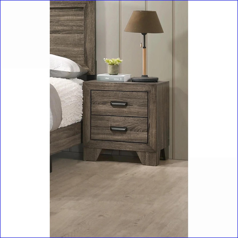 Transitional Rustic Gray 2-Drawer Nightstand with Metal Hardware