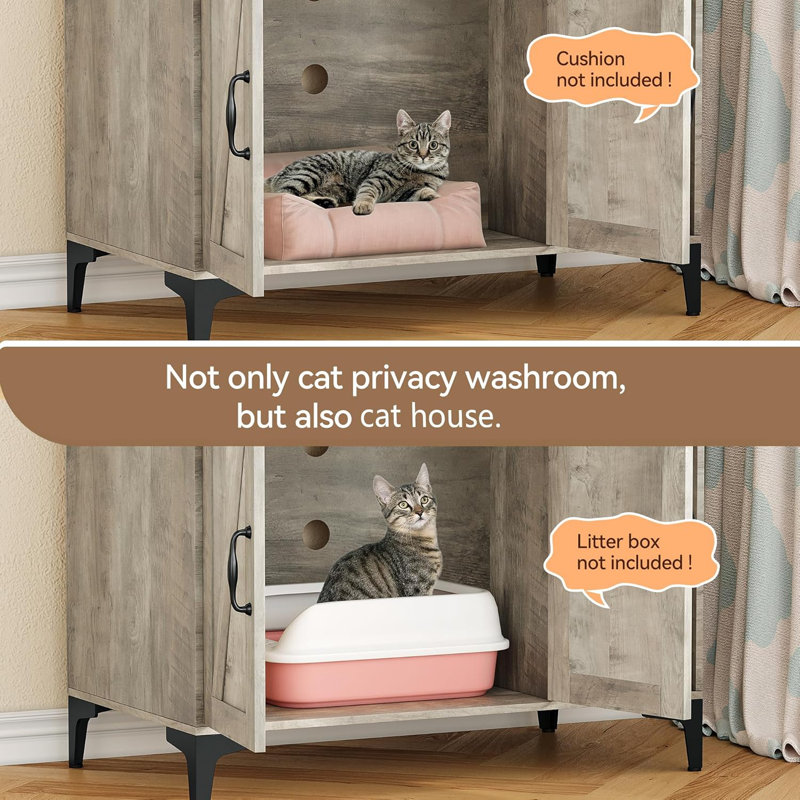 Grey Wood Freestanding Cat Litter Box Enclosure with Shelves