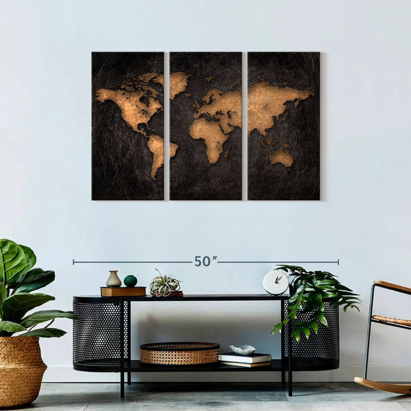 «World Map Aged World Map XXXIV», ensemble de 3 pièces sur toile par Finnian P, H 28 po x l 45 po x P 1,25 po