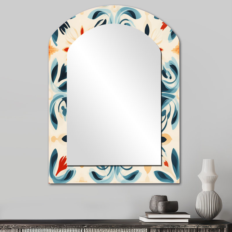 Miroir mural beige et bleu damassé marocain Intrigue, 34 po x 25 po