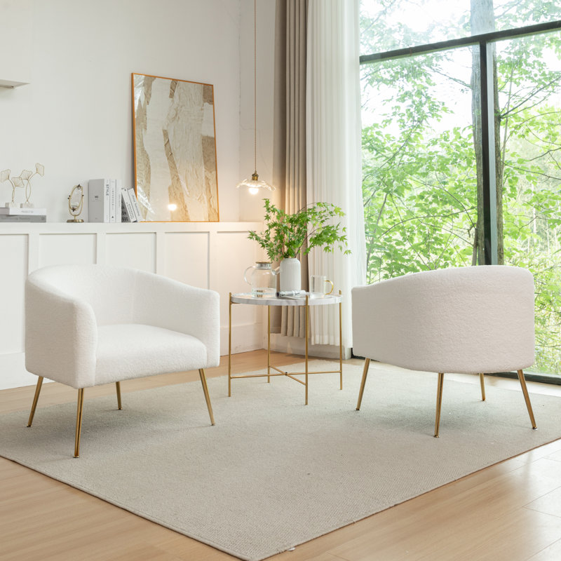 Fauteuil demi-tonneau Jameila, Fausse fourrure blanche, Doré, 2