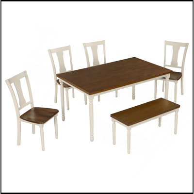 Classic 6-Piece Dining Set Wooden Table And 4 Chairs With Bench For Kitchen Dining Room (Brown+Cottage White)