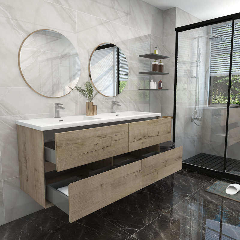 60'' Double Bathroom Vanity with Acrylic Top, White Oak