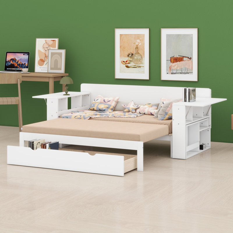 Daybed With Removable Desk, Storage Drawers & Hydraulic Side Table, White