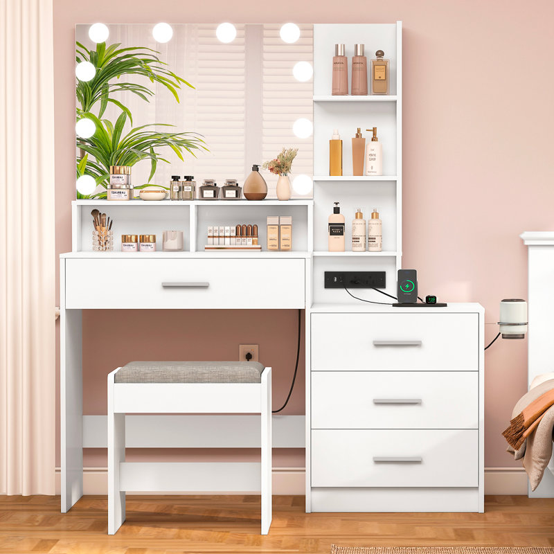 Ensemble de coiffeuse avec tabouret et miroir Dannyell, Blanc