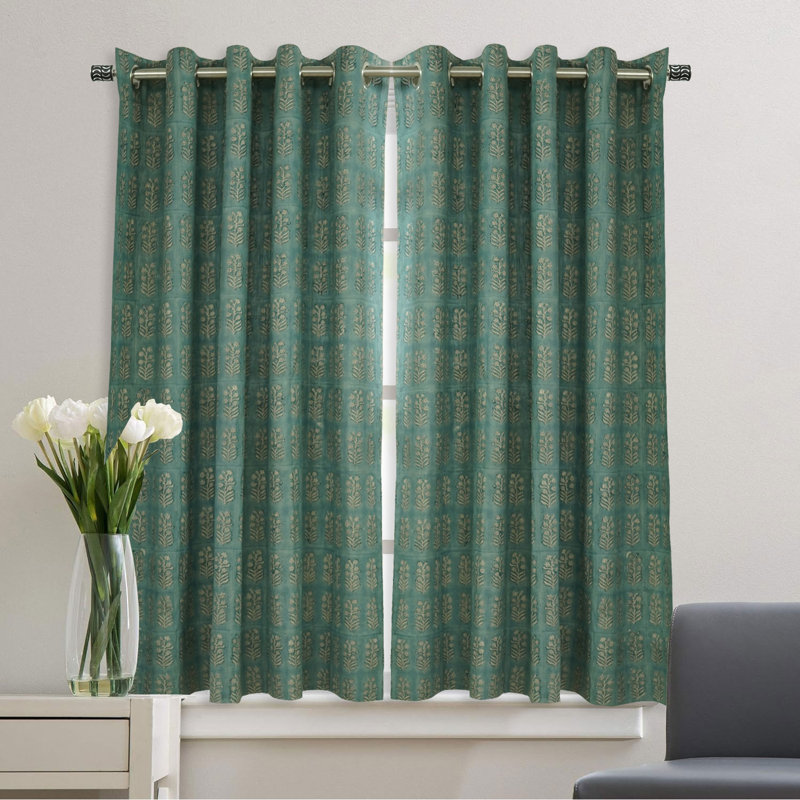 Fabdivine Handmade Floral Block Print Linen Window Gray Eyelet Curtain,Inderdhanush, 42" W x 84" L