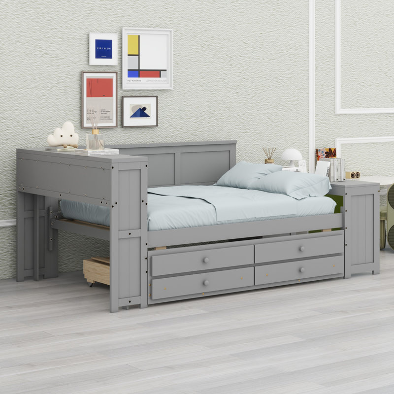 Versatile Daybed Featuring Storage Shelves, Drawers, Trundle, Charging Station, LED Light, Desk And Cabinet, Gray