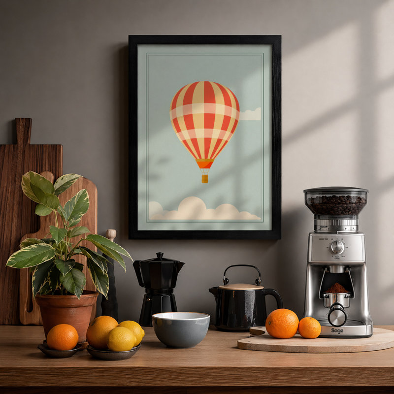 Hot Air Balloon at Dawn Mid-Century - Framed Print, A1 - 84.1 x 59.4 cm, Black