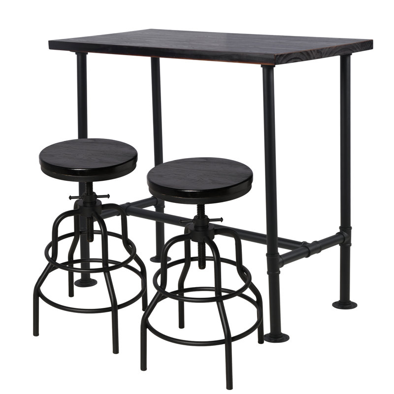 Industrial Bar Table And 2 Stools Set, Solid Pine Wood With Black Walnut Finish, Fixed Height Bar Height Table With Adjustable Stools For Kitchen, Dining Room, Home Bar & Cafe