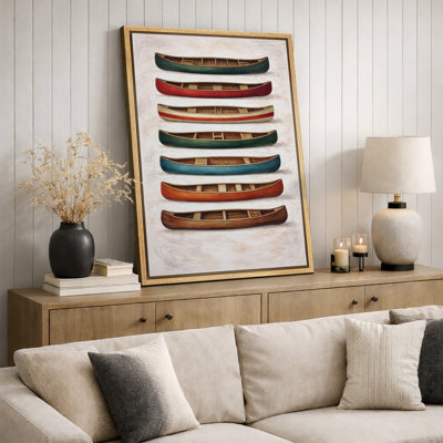 Vintage Canoe Collection Rustic Lake Artwork, Cabin Room Pictures, Framed Canvas Giclee Print Wall Art