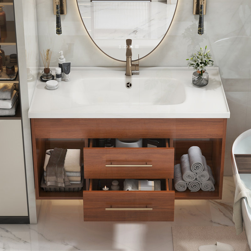 Meuble-lavabo simple de style moderne Mid-Century avec lavabo encastré en céramique intégré, parfait pour les espaces compacts et élégants.