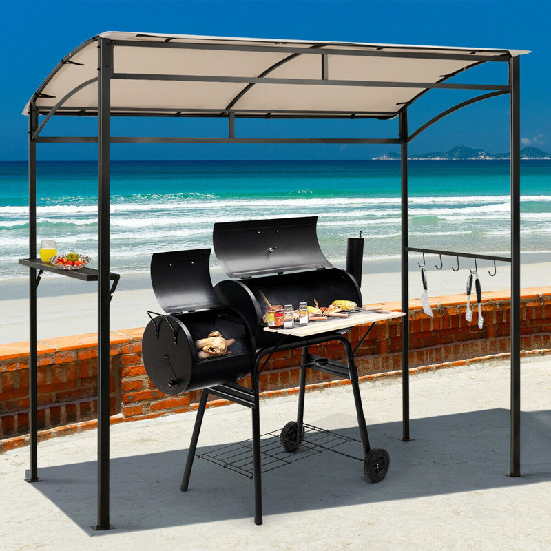 Outdoor 7 Feet Grill with Serving Shelf and Storage Hooks, Beige