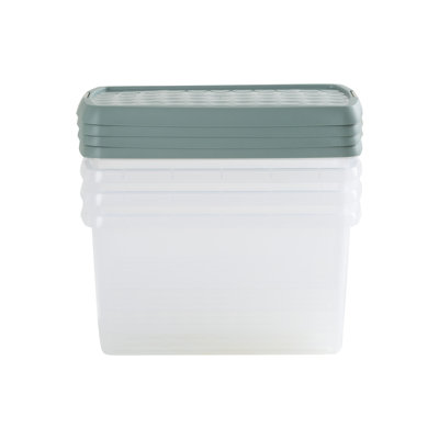 Wham Clip 4x 7L Rectangular Plastic Storage Boxes with Secure Clip Lock Lids. L:39 x W:24 x H:10.5cm Clear/Green Milieu/Stone