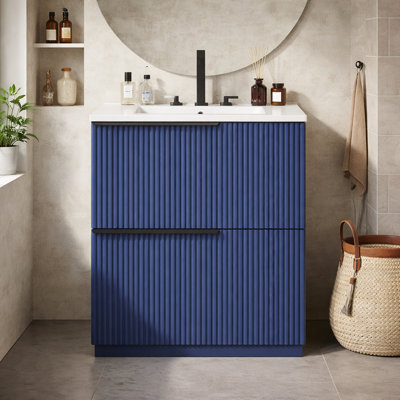  Meuble-lavabo simple 30 po avec lavabo en céramique, tiroirs à extension complète et conception cannelée en bleu sans miroir