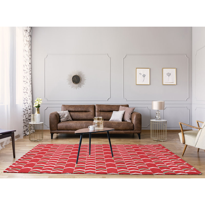 Tapis rouge/vert fait main, Rectangle 5 pi x 7 pi