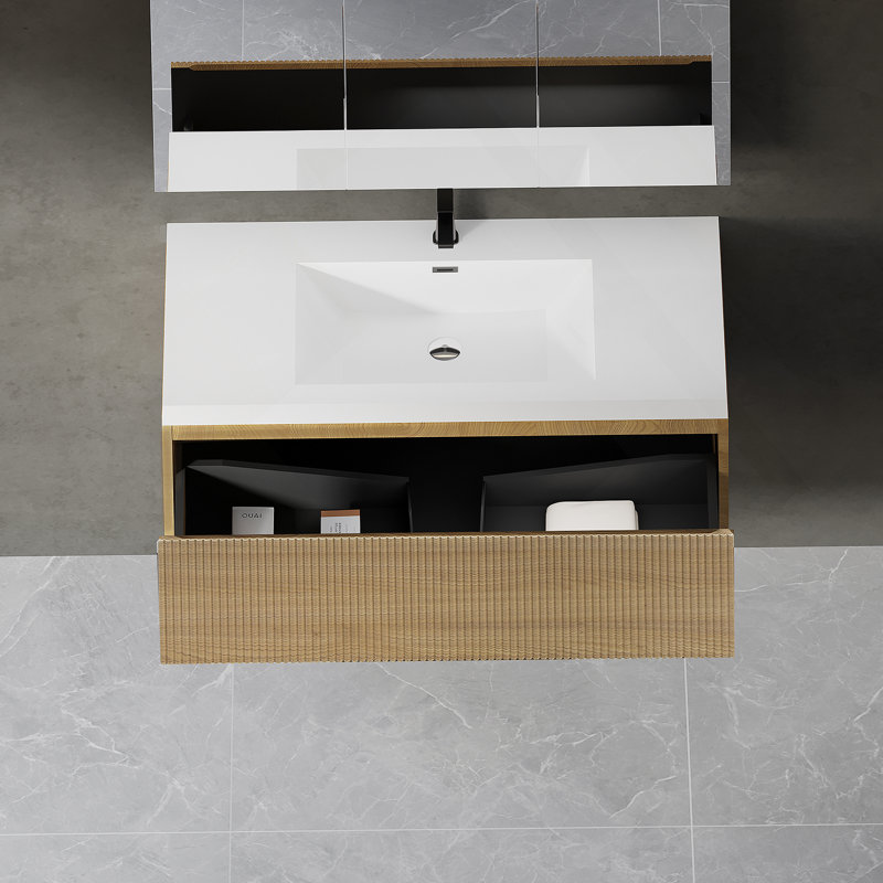 Meuble-lavabo flottant avec lavabo, armoire de rangement murale moderne avec tiroir à fermeture en douceur, idéale pour l'organisation de la salle de bain et le style.