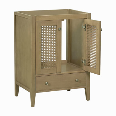 24" Bathroom Vanity Without Sink, Base Only, Rattan Cabinet With Doors And Drawer, Solid Frame And MDF Board, Natural