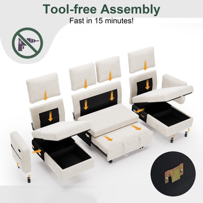 Canapé-lit en forme de U, canapé-lit convertible 4 places avec inclinaison à 4 niveaux, ports USB / Type-C, méridienne réversible et poches latérales, assemblage sans outils pour les salons