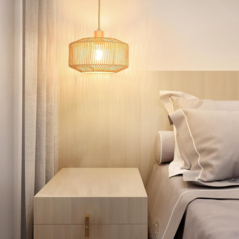 Plug In Pendant Light Paper Woven Rattan Hanging Lights Boho Hanging Lamp Rustic Farmhouse Pendant Lights For Kitchen Dining Room Bedroom Entryway, With 3-Way Dimmable Bulb (Woven-2)