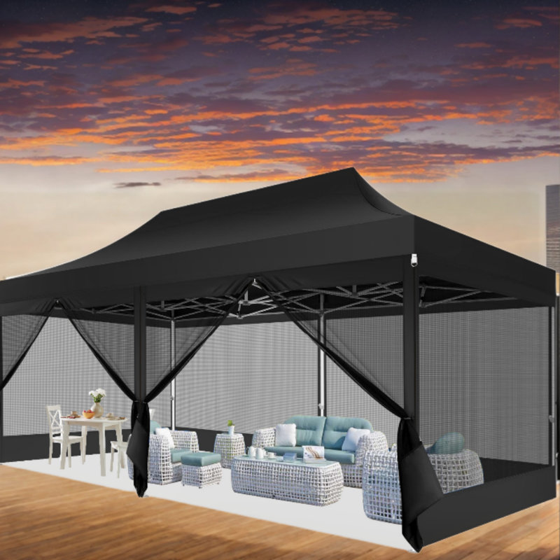 Auvent 10 po x 20 pi, pavillon de jardin escamotable avec filet grillagé, Noir, noir, noir, noir