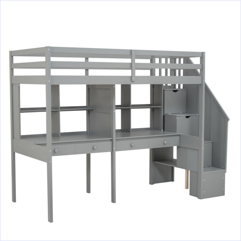 Structure de lit simple de taille mezzanine avec escalier de rangement et bureaux et tablettes doubles