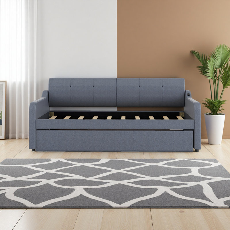 Twin Size Upholstery Daybed With Trundle And USB Charging Design,Trundle Can Be Flat Or Erected, Gray