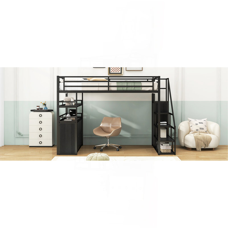 Full Size Metal Loft Bed With Storage Staircase And Wardrobe, Black