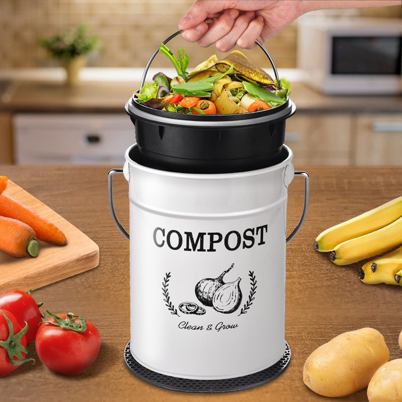 White 1.0 Gallon Metal Kitchen Compost Bin with Lid