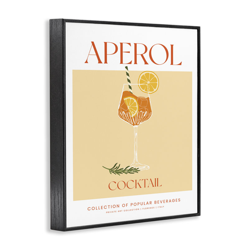 «Minimal Aperol Cocktail», estampe numérique, lettrée et doublée, H 14 po x l 11 po, Giclée encadrée noir minuit
