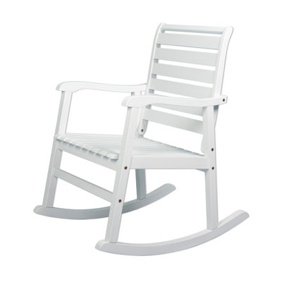 Chaise berçante d'extérieur en bois d'acacia massif Carey Classic avec dossier à lattes et finition blanche, capacité de poids de 300 lb, pour porche, patio et jardin
